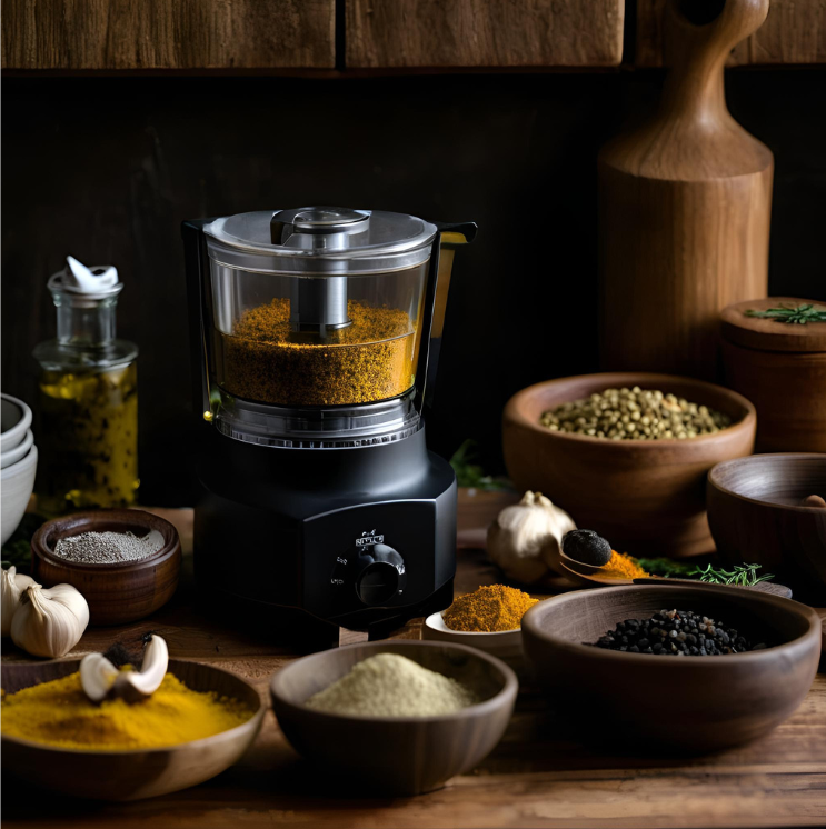 Small food processor and ingredients for black garlic salad dressings