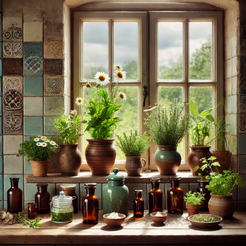 windowsill apothecary with herbs, glass bottles and jars
