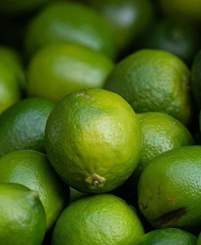 A vivid close-up of fresh limes showcasing their vibrant green hues and textures.