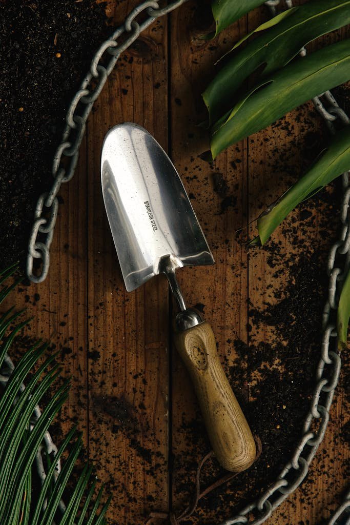Top view of a garden trowel on wooden surface surrounded by soil and leaves.