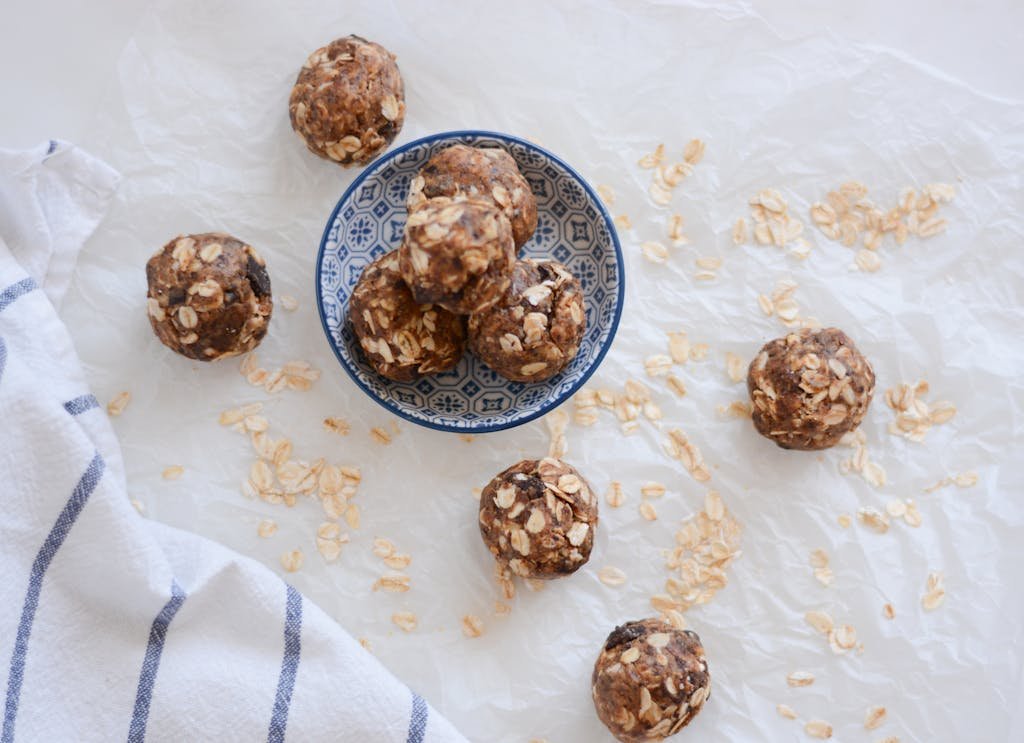 Top view of wholesome oatmeal energy bites on a plate. Perfect healthy snack option.