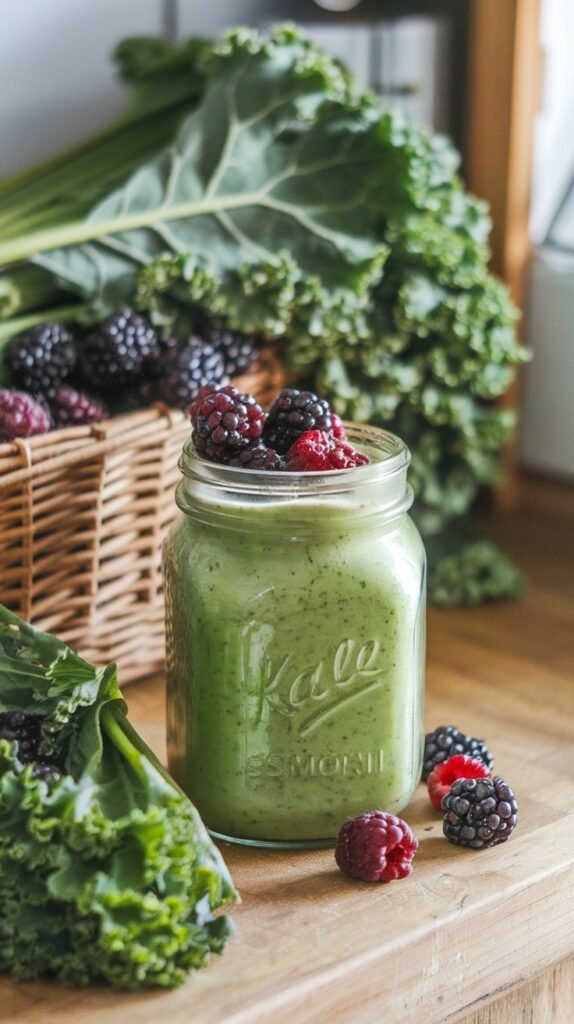Seasonal green smoothie with kale and rhubarb or blackberry