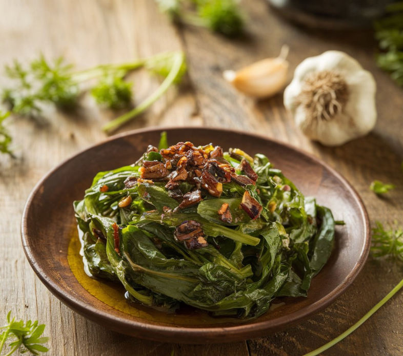 sauteed dandelion and black garlic