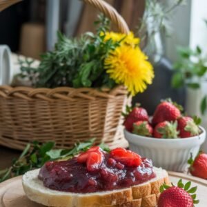 Sugar-Free Strawberry Jam with Foraged herbs & dandelion