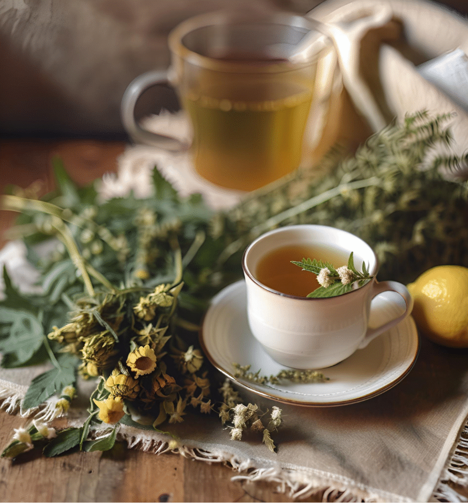 Chamomile, lemonbalm and nettle. herbal tea for overwhelm