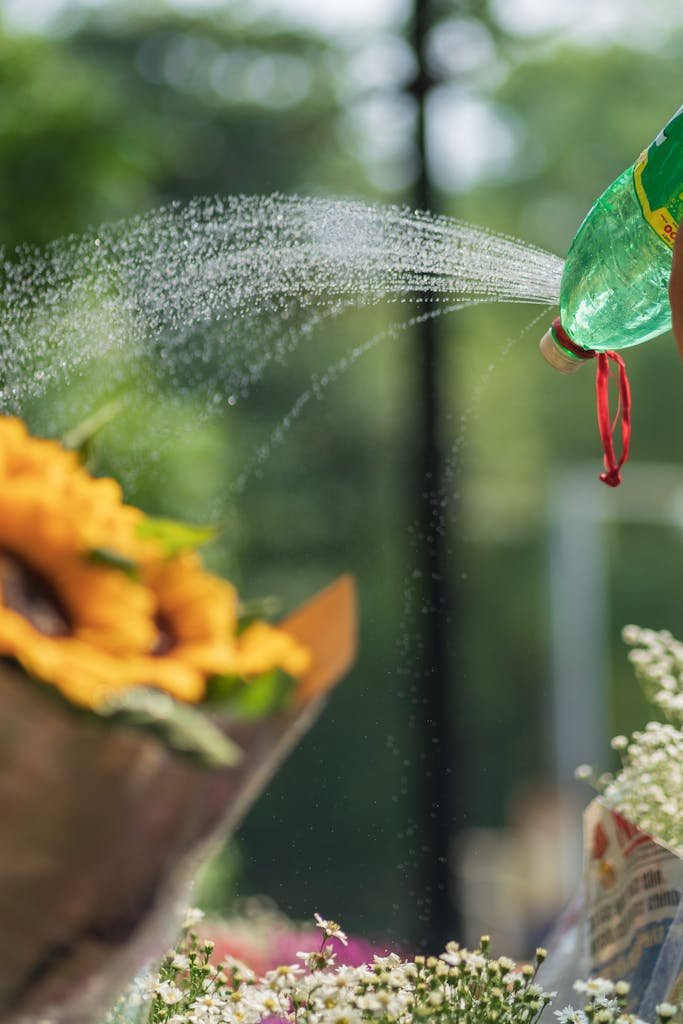 Close-up of flowers being watered with a plastic bottle in Hanoi, Vietnam.