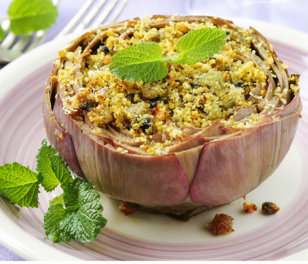 Stuffed globe artichokes with herby quinoa
