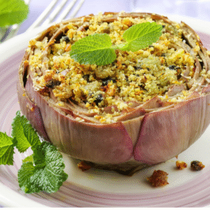 Stuffed globe artichokes with herby quinoa