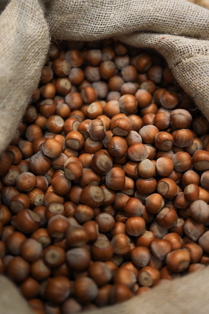 A vertical shot of hazelnuts overflowing a burlap sack, perfect for food and agriculture themes.